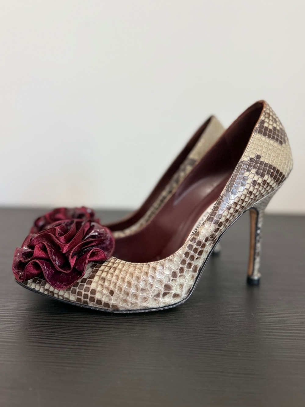 Manolo Blahnik Python Leather Floral Rosette Pumps